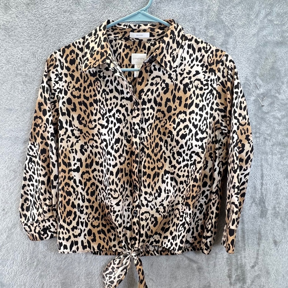 Chicos No-Iron Leopard Print Tie-Front Button Down Shirt Tan Black 0 Petite XS/S